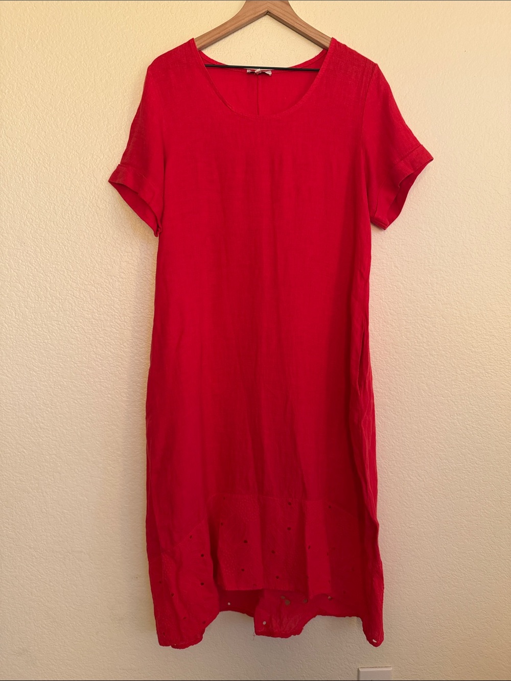 Rosemarine Made in Italy 100% Linen Red Midi Dress with eyelet hemline